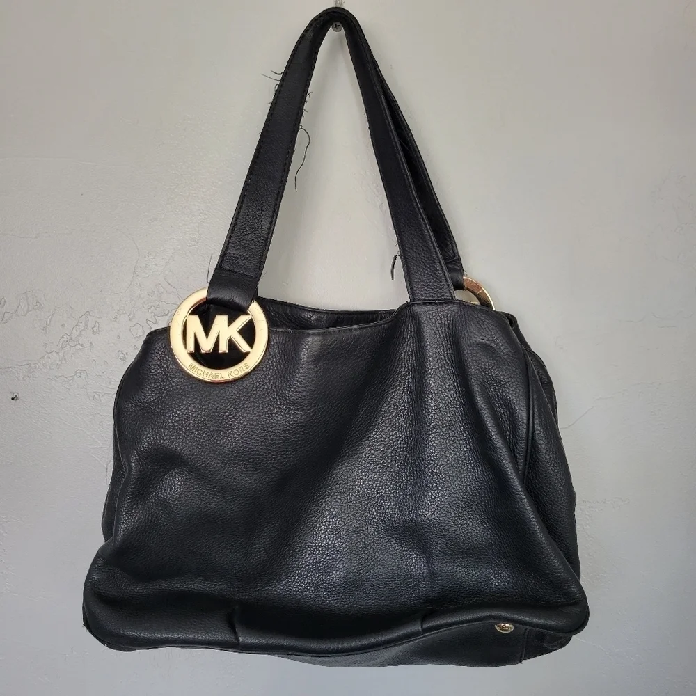 Michael Kors MK Black Pebbled Leather Shoulder Bag Purse Gold Designer Large